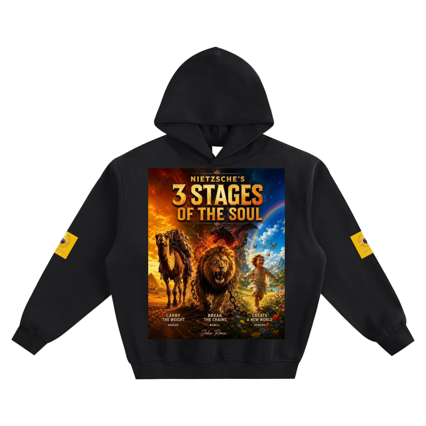Black hoodie with '3 Stages of the Soul' graphic design on a white background