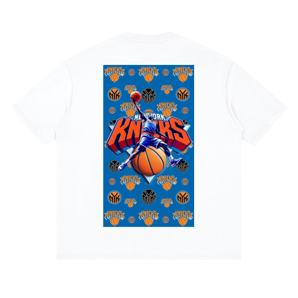 White t-shirt with New York Knicks basketball design on a blue background