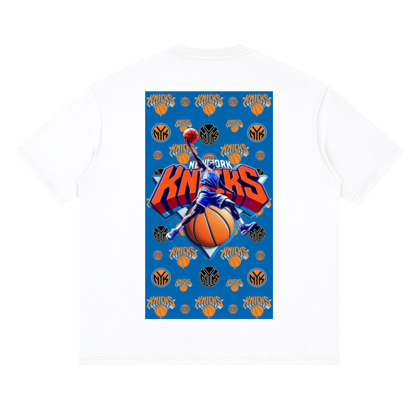 White t-shirt with New York Knicks basketball design on a blue background