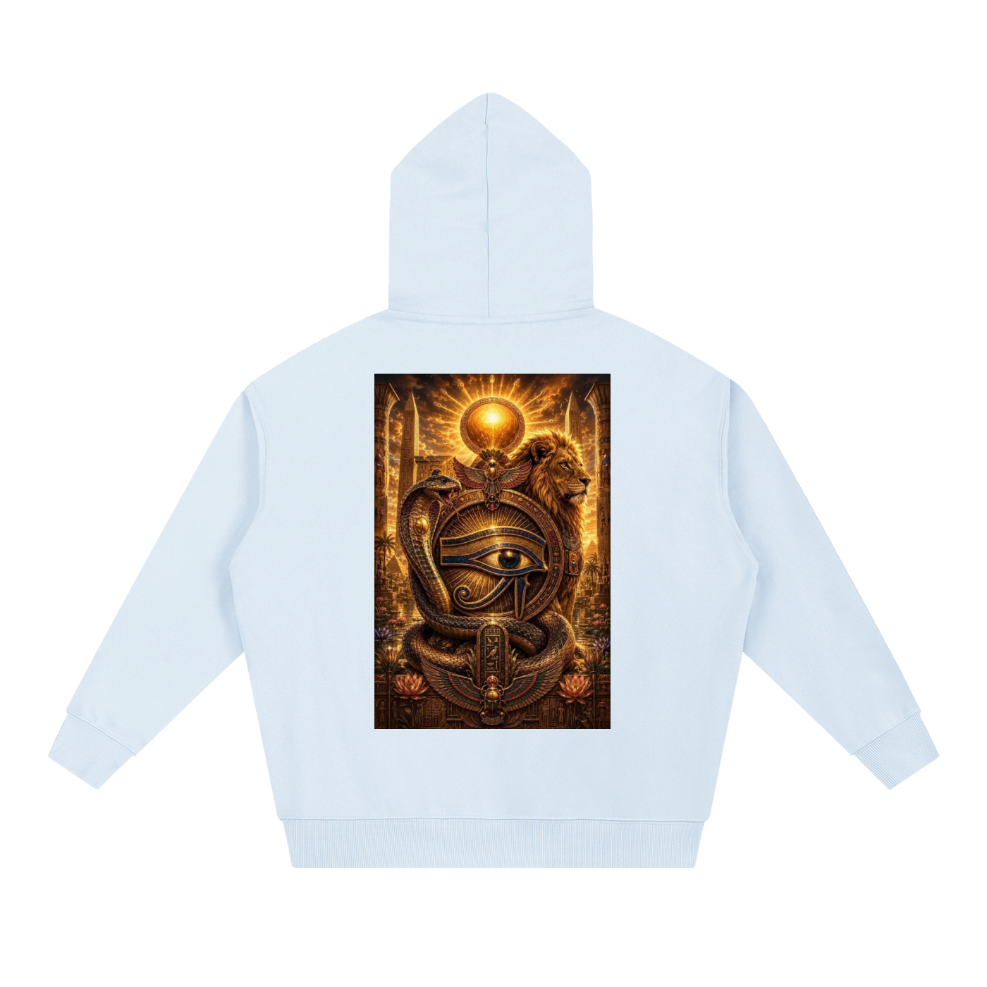 A light blue hoodie shown from the back, featuring a large rectangular graphic print of a golden sun, a lion, and an eye of Horus on a dark background.