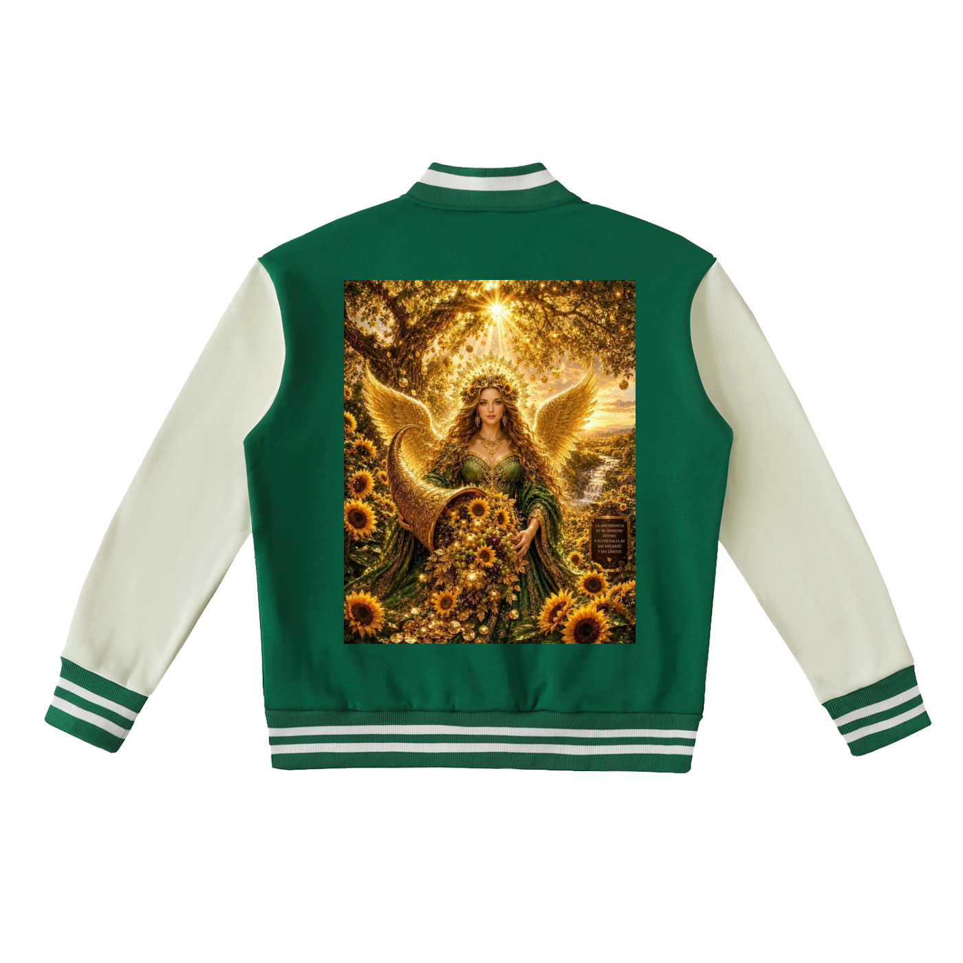 A green and cream varsity-style jacket shown from the back, featuring a large graphic print of a golden angel surrounded by sunflowers on the back panel.