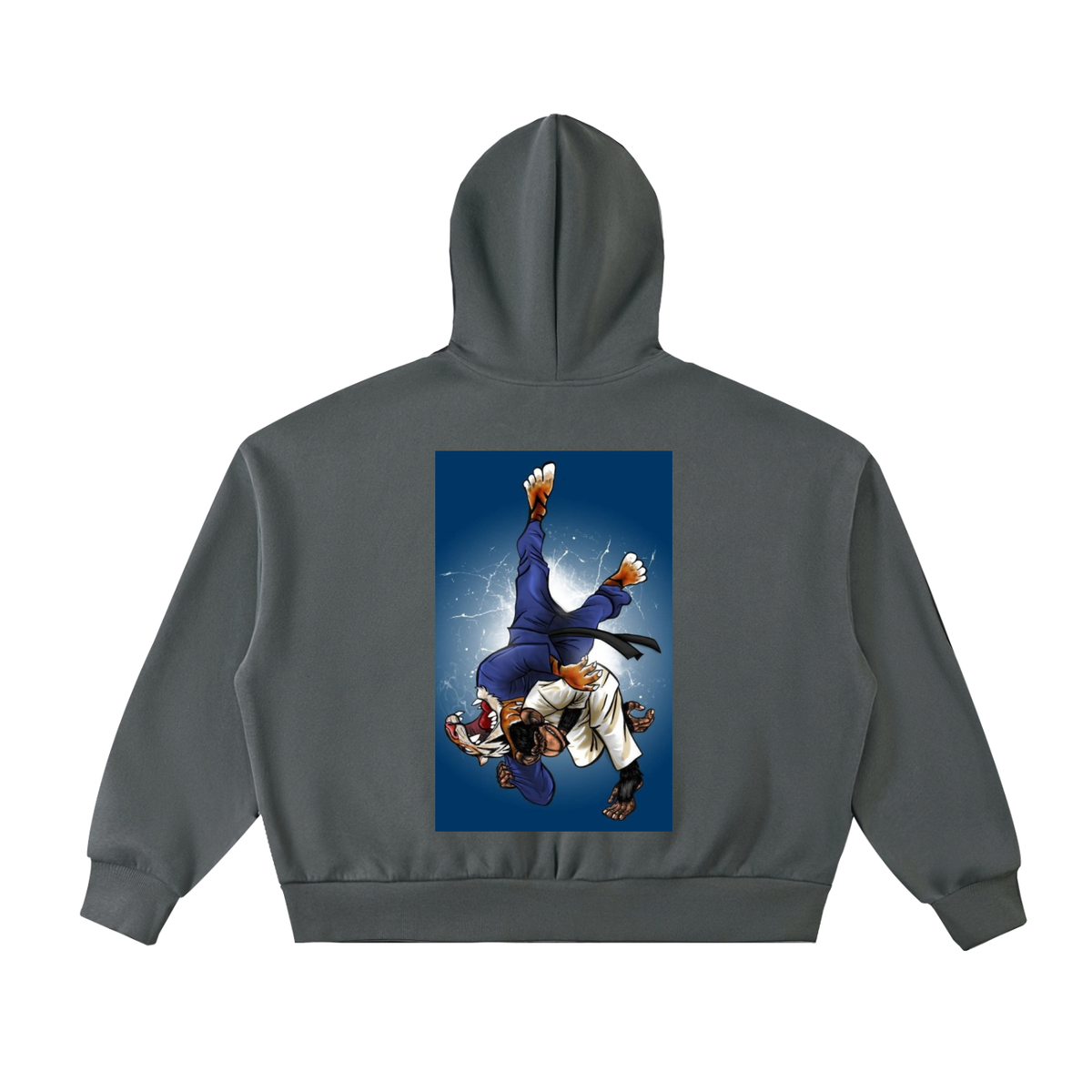 Gray hoodie with a martial arts design on the back against a white background