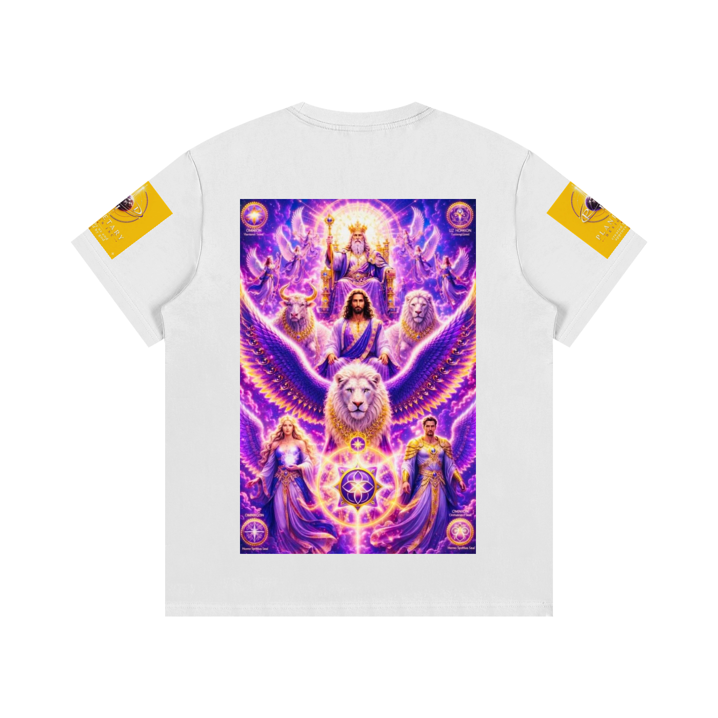 White t-shirt with a colorful graphic design on the back featuring a lion and other figures against a white background.