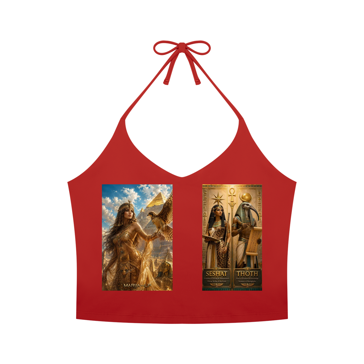 A red halter crop top featuring two vertical graphic prints on the front. The left print depicts a woman with an eagle under a cloudy sky, and the right print shows two Egyptian goddess figures labeled Seshat and Thoth.