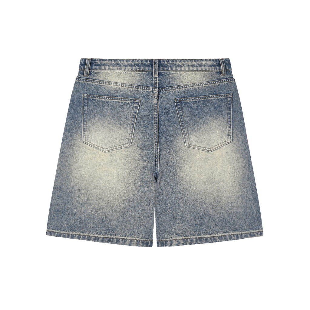 Back view of a pair of light blue denim shorts on a white background