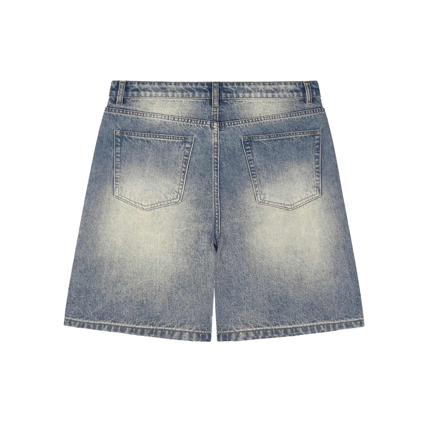 Back view of a pair of light blue denim shorts on a white background