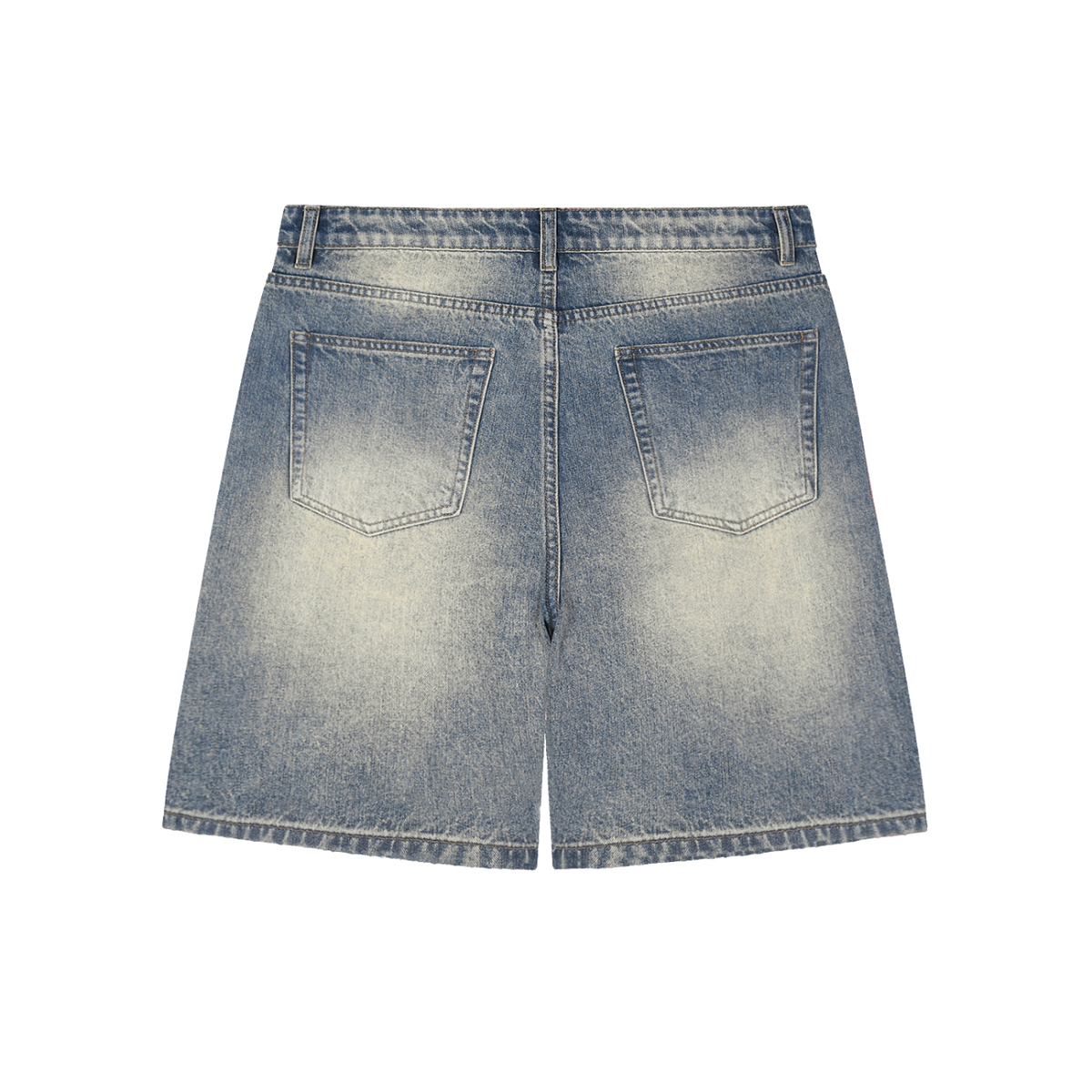 Back view of a pair of light blue denim shorts on a white background