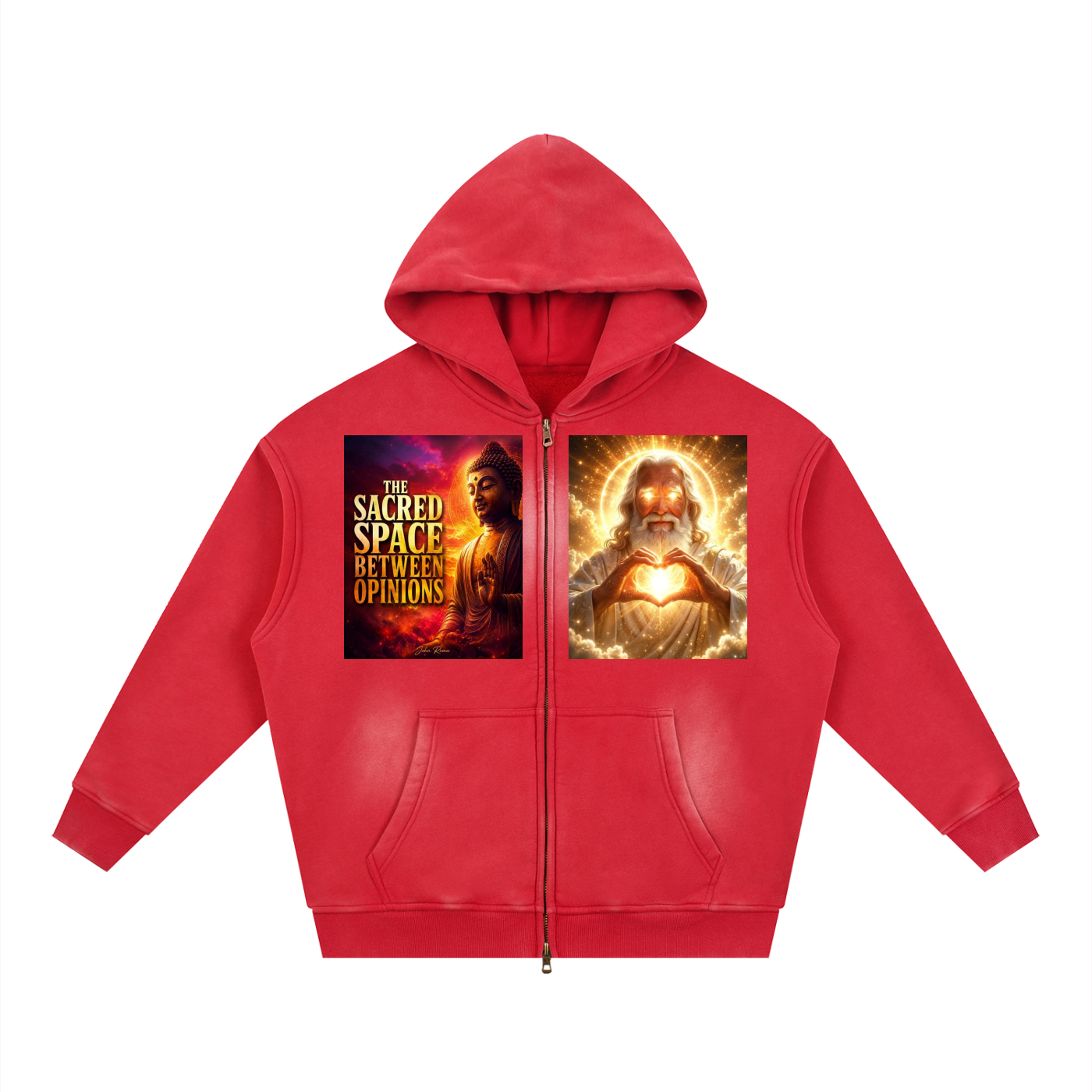 Red hoodie with graphic designs on a white background