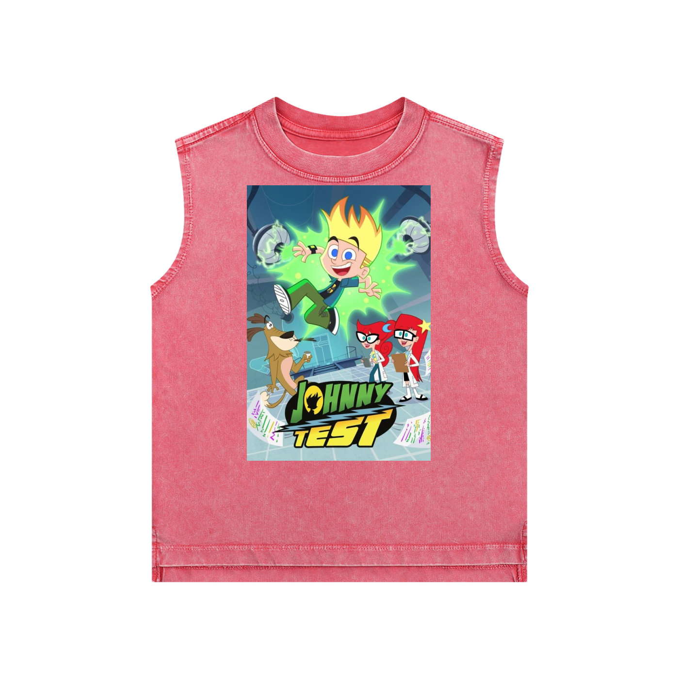 A sleeveless pink t-shirt with a washed texture, featuring a colorful graphic print on the front with cartoon characters and the text 'Johnny Test'.