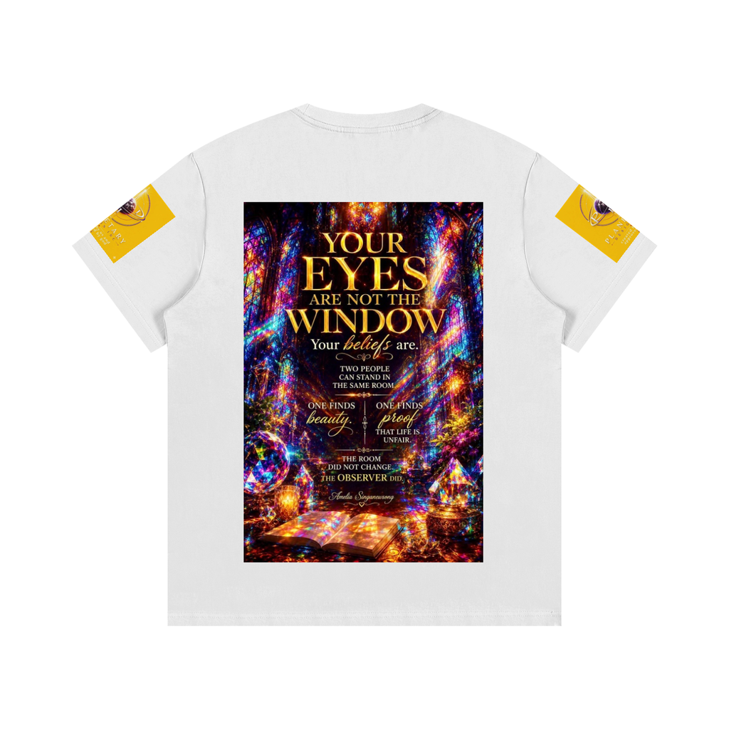 White t-shirt with colorful graphic and text on the back, on a white background