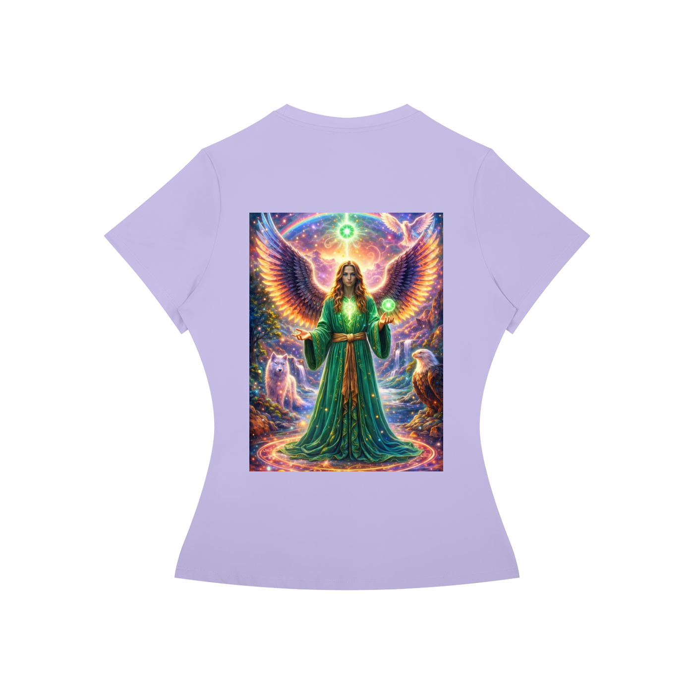 A light purple short-sleeve t-shirt with a large, vibrant graphic print on the back depicting a glowing green angel with large wings in a cosmic scene.