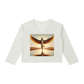 A light heather gray long-sleeve crop top featuring a square graphic print of a winged figure standing in water with a sunset reflection.