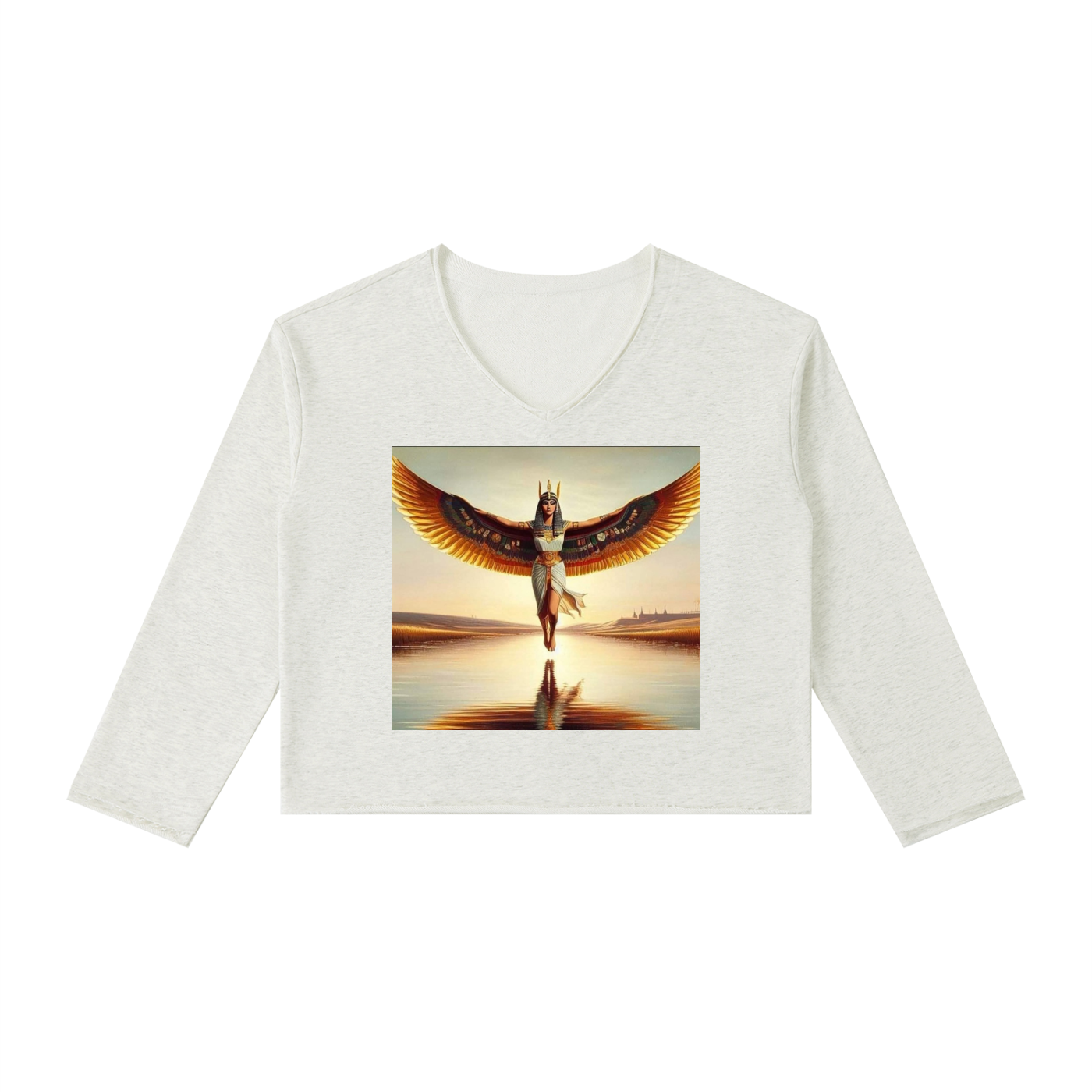 A light heather gray long-sleeve crop top featuring a square graphic print of a winged figure standing in water with a sunset reflection.