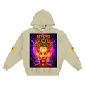 Beige hoodie with 'Beyond the Veil of Perception' graphic design on a white background