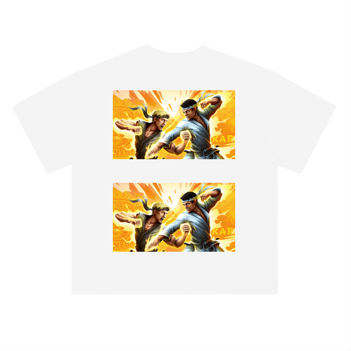 White t-shirt with graphic of two characters in a fighting pose on a white background