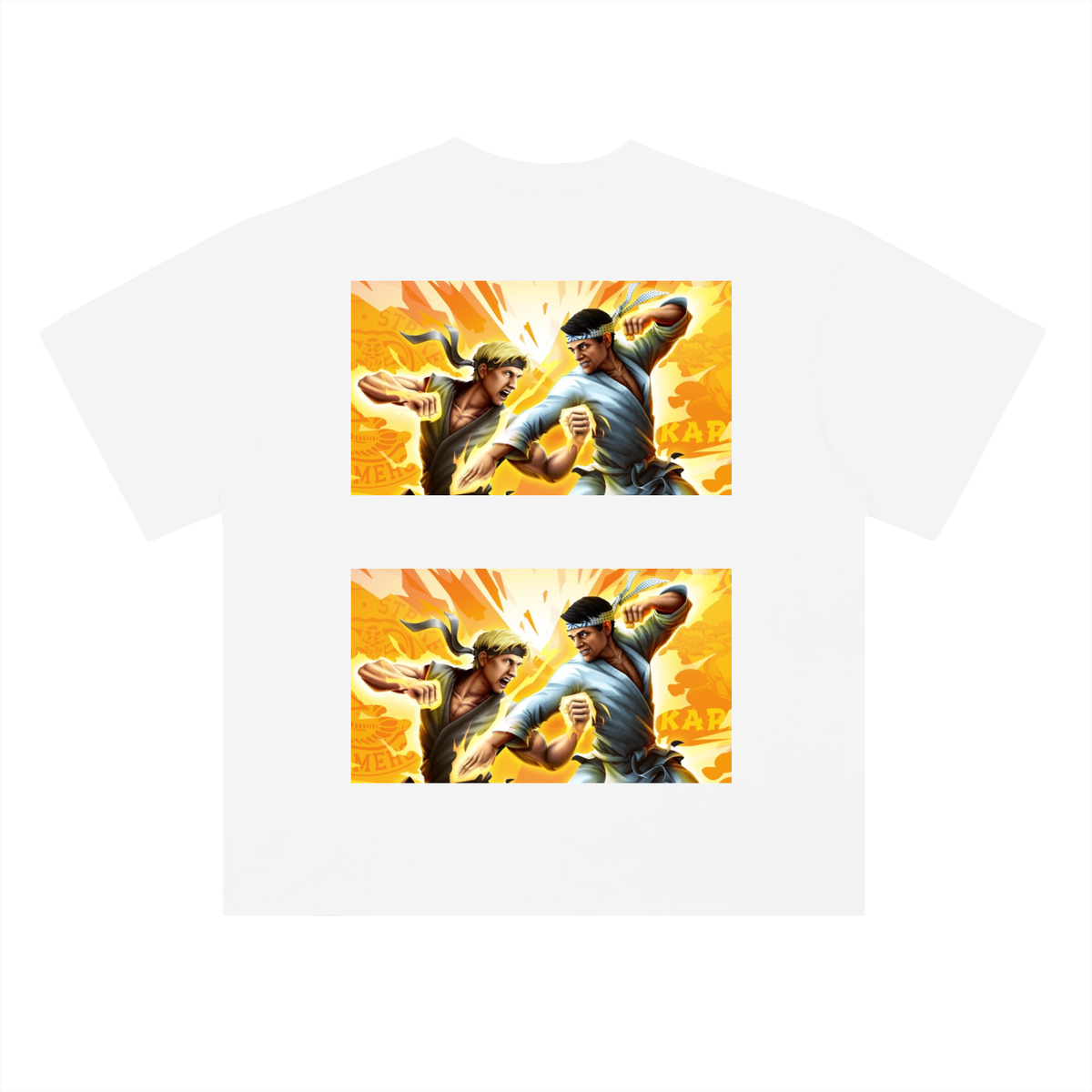 White t-shirt with graphic of two characters in a fighting pose on a white background