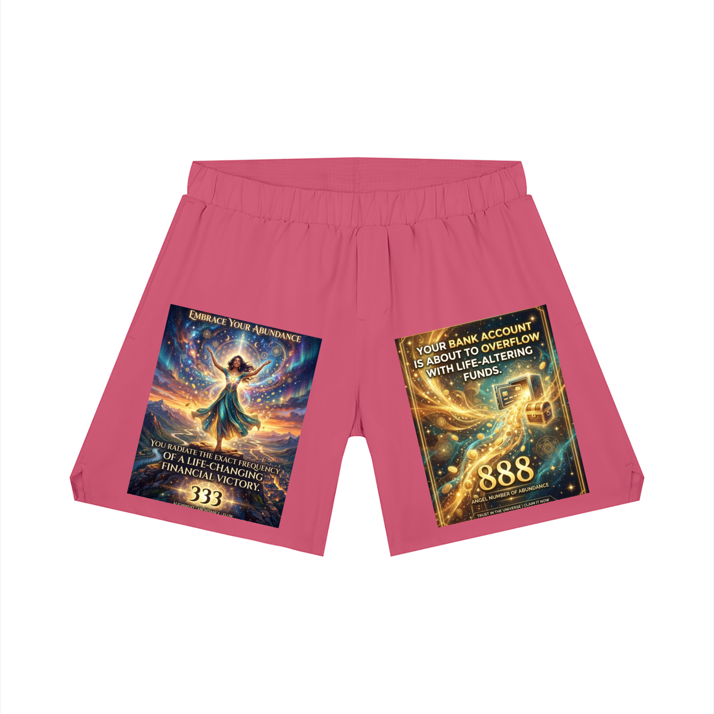 Pink boxer shorts with two large graphic prints on the front legs, shown on a plain white background.