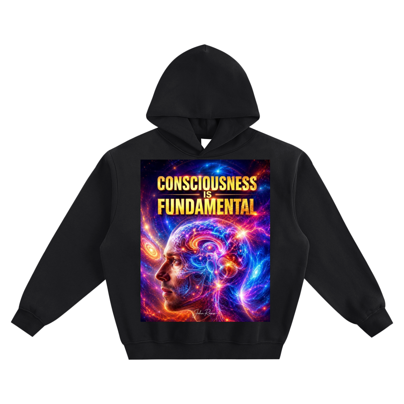 Black hoodie with a colorful graphic and 'Consciousness is Fundamental' text on a white background