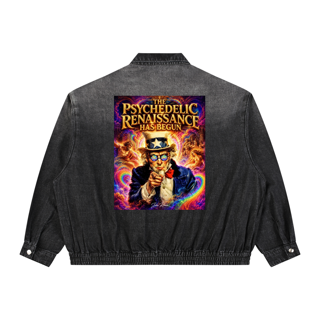Black denim jacket with a colorful graphic on the back featuring text 'The Psychedelic Renaissance Has Begun'.