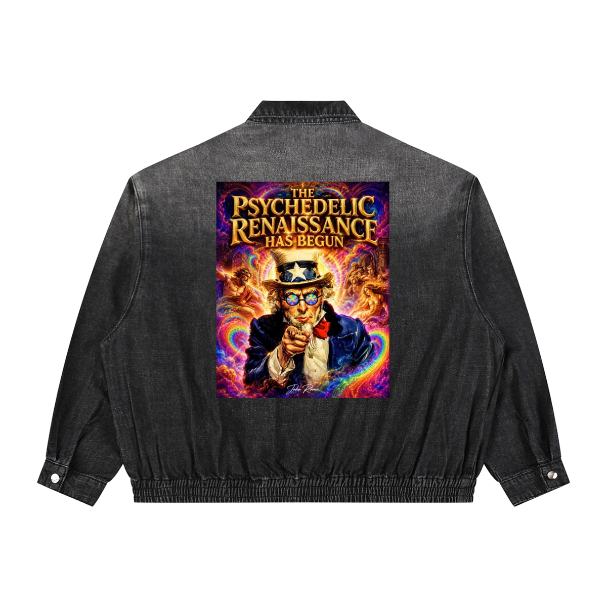 Black denim jacket with a colorful graphic on the back featuring text 'The Psychedelic Renaissance Has Begun'.