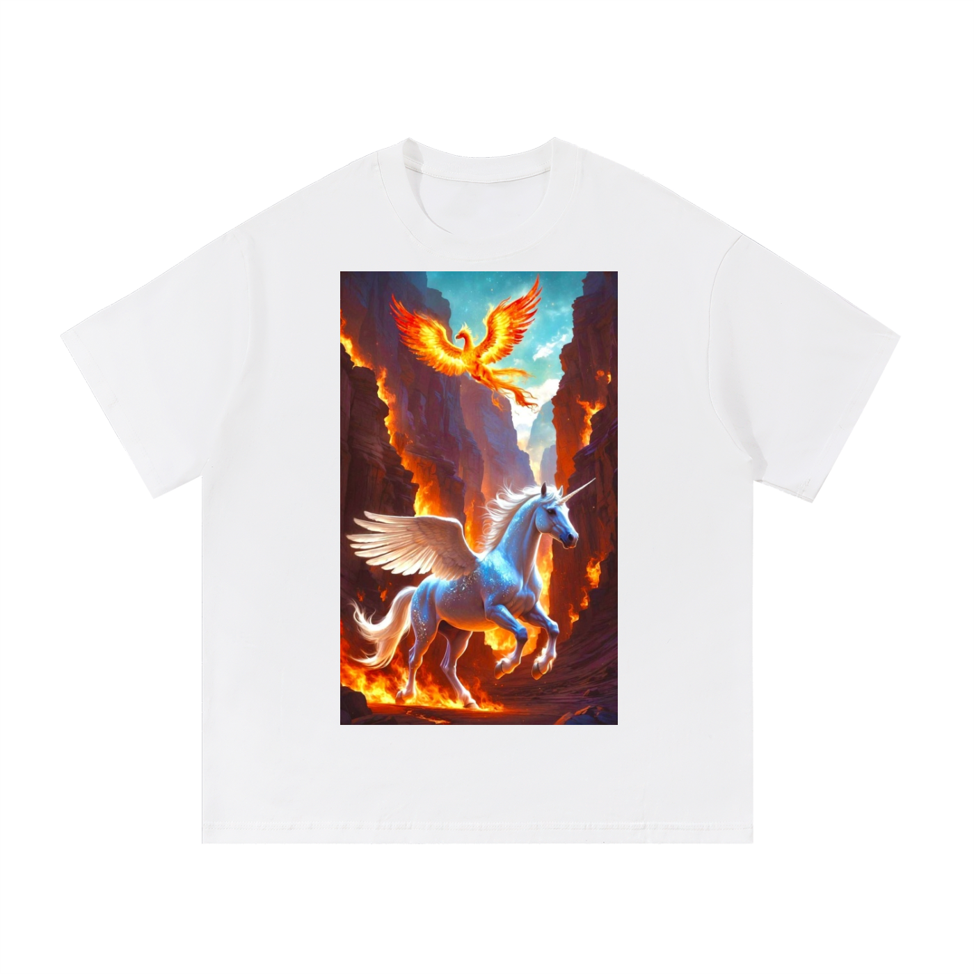 White t-shirt with a colorful graphic of a winged horse and phoenix on a white background