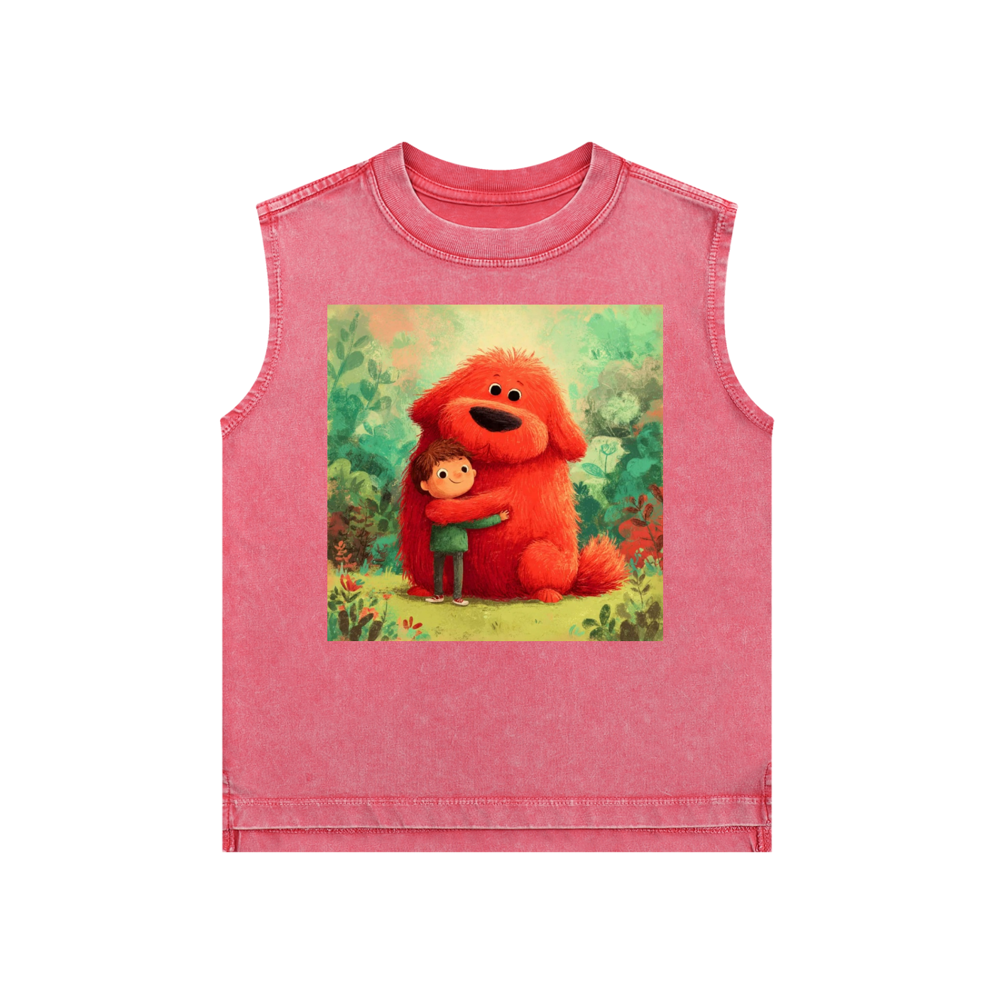Pink sleeveless shirt with a cartoon design of a red creature and a child on a white background