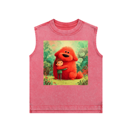 Pink sleeveless shirt with a cartoon design of a red creature and a child on a white background