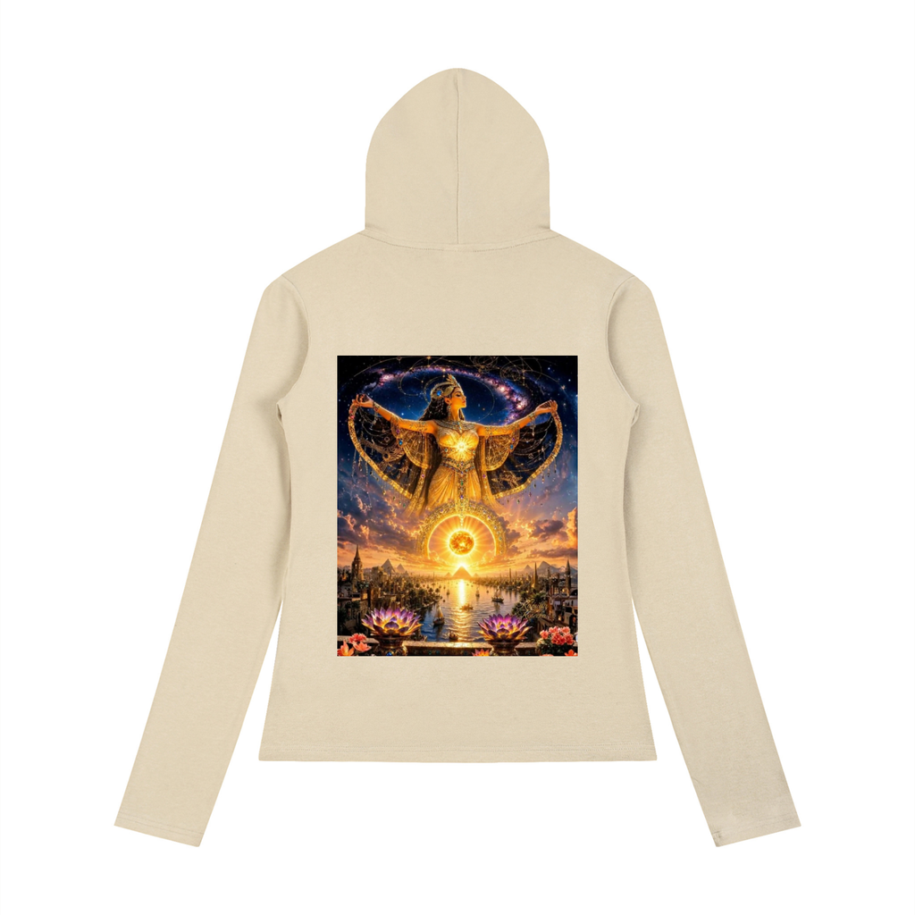 A beige long-sleeve hoodie shown from the back, featuring a large rectangular graphic print of a golden angel figure over a colorful landscape with water, flowers, and a glowing sun.