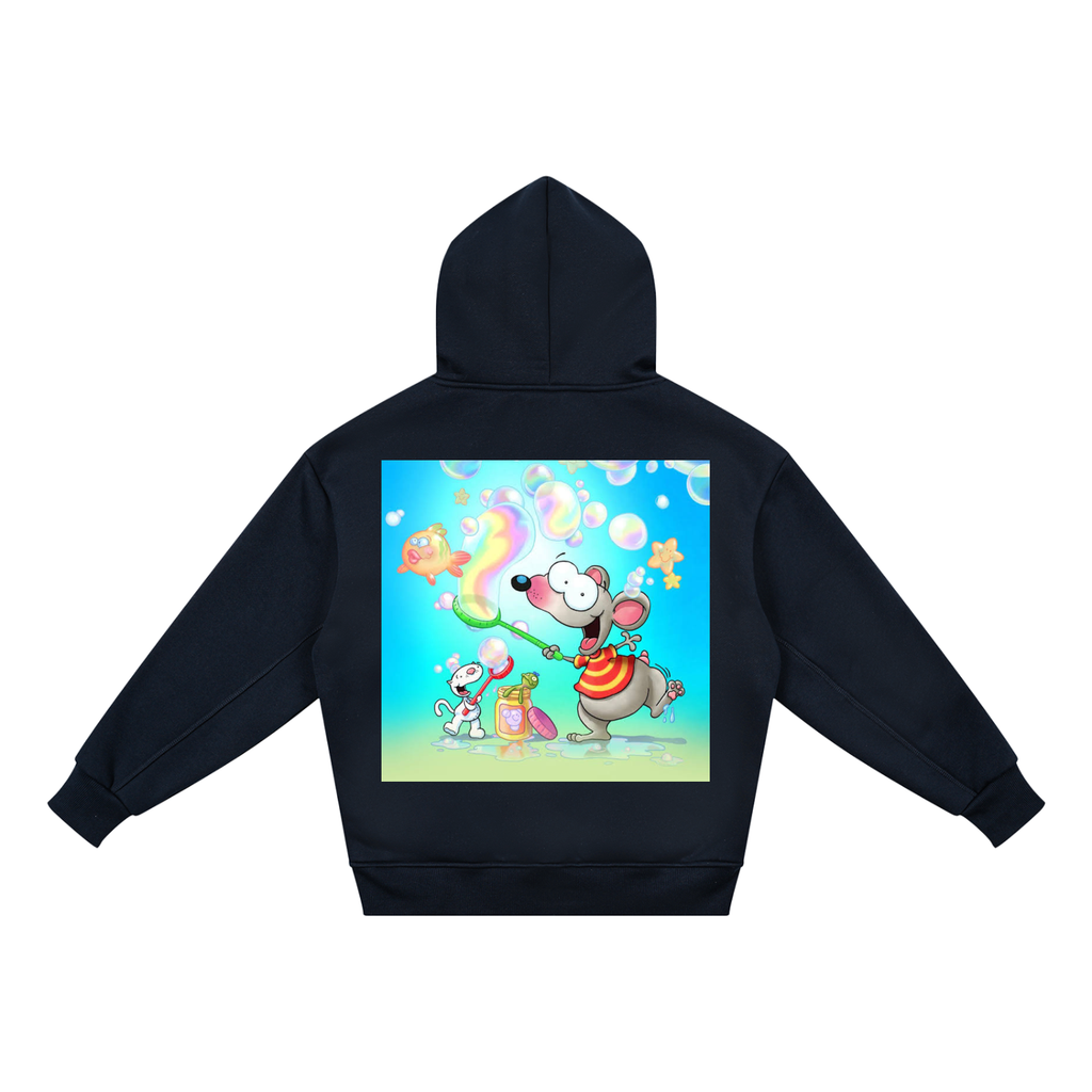 A dark navy blue hoodie shown from the back, featuring a large, colorful cartoon graphic of a mouse, a rabbit, and a rainbow on the back.