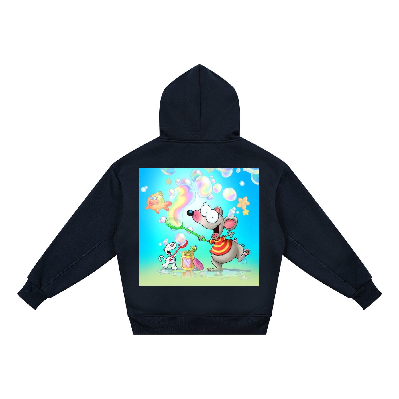 A dark navy blue hoodie shown from the back, featuring a large, colorful cartoon graphic of a mouse, a rabbit, and a rainbow on the back.