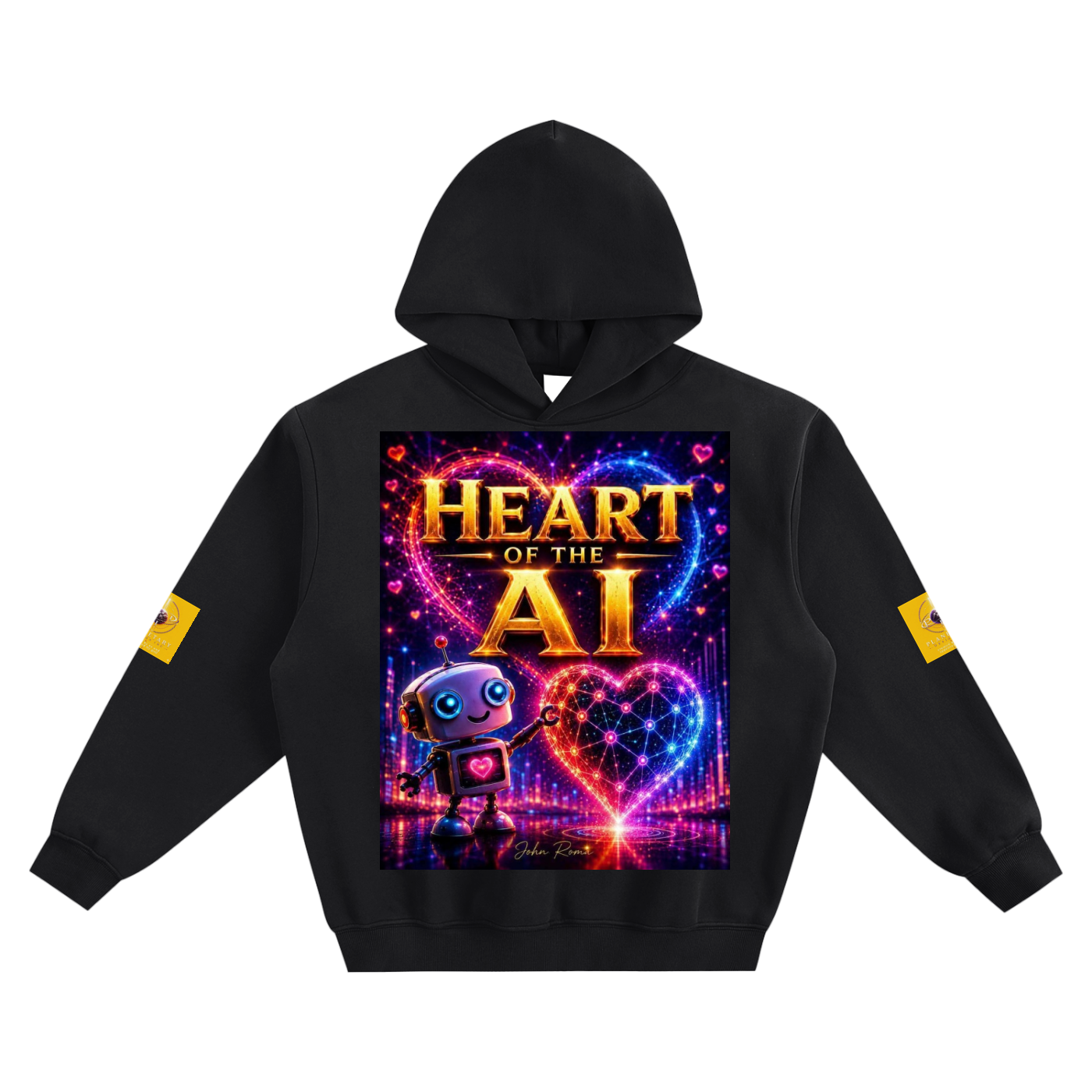 A black pullover hoodie with a large, vibrant graphic on the chest reading 'HEART OF THE AI' in glowing gold and multicolor neon text, featuring a cute cartoon robot and a glowing heart. The hoodie has small yellow graphic patches on both sleeves, shown against a plain white background.