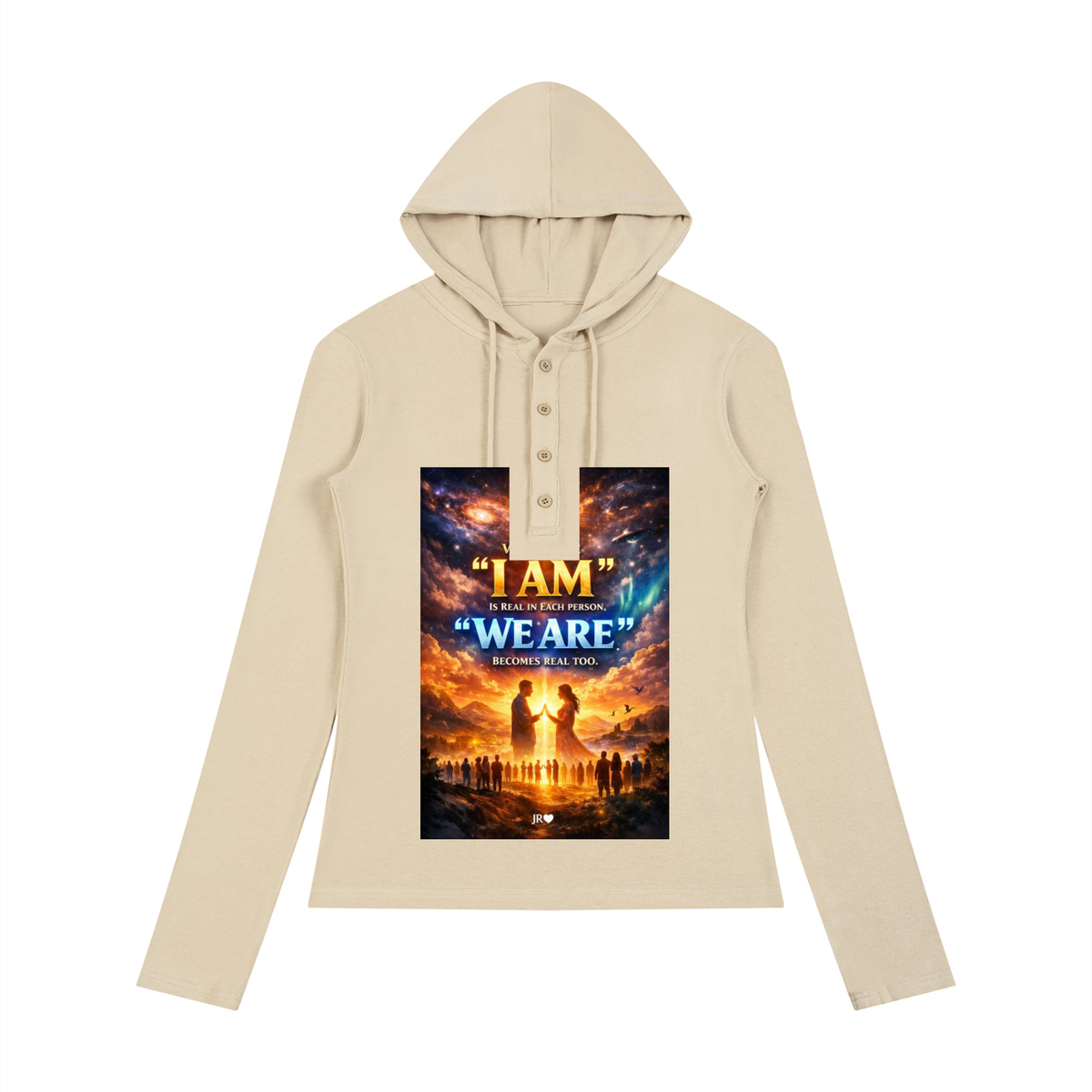 A beige long-sleeve hoodie with a drawstring hood and a three-button henley neckline, featuring a large rectangular graphic print on the front with the text 'I AM' and 'WE ARE' over a dramatic sunset scene.