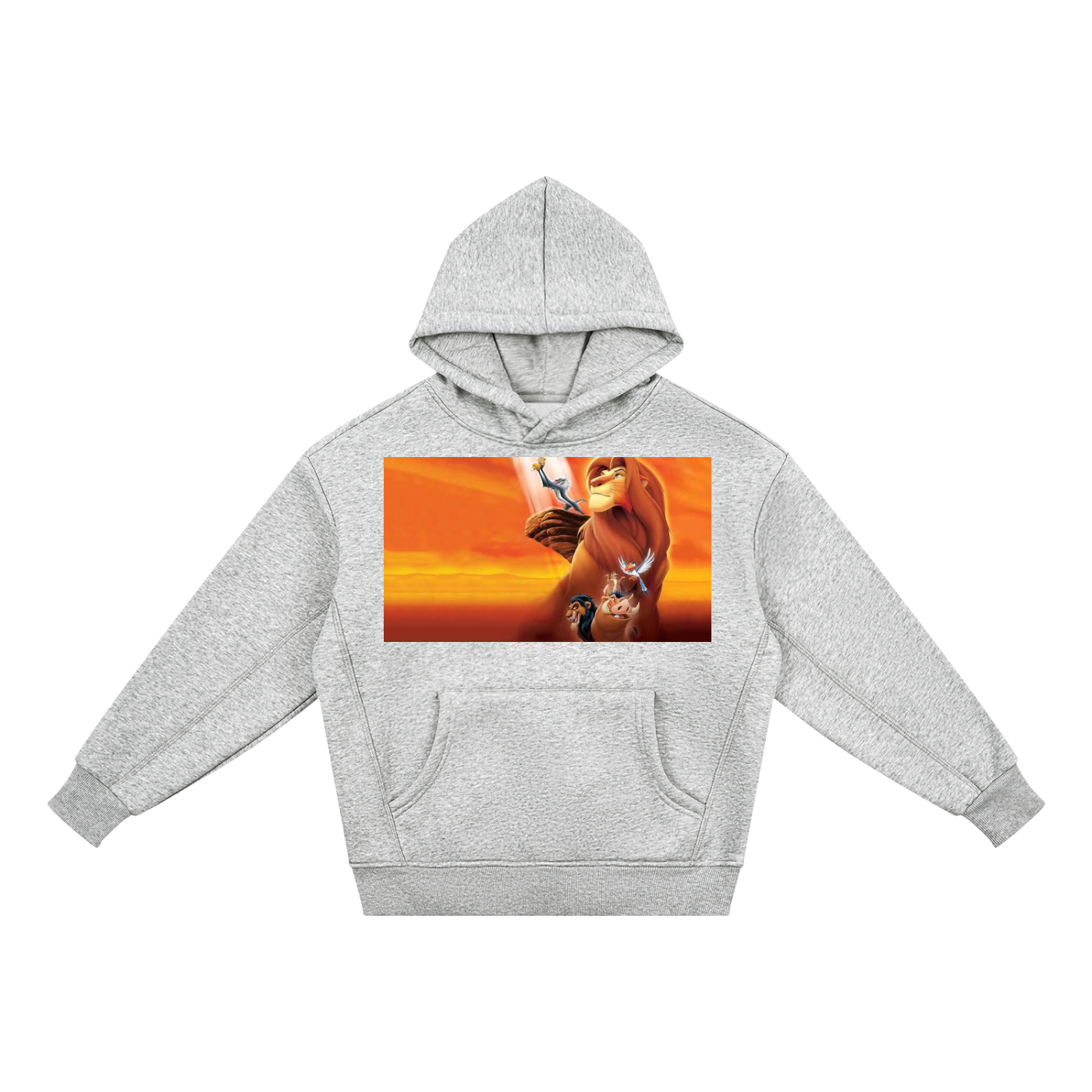 Gray hoodie with a graphic of a lion and cub on a white background