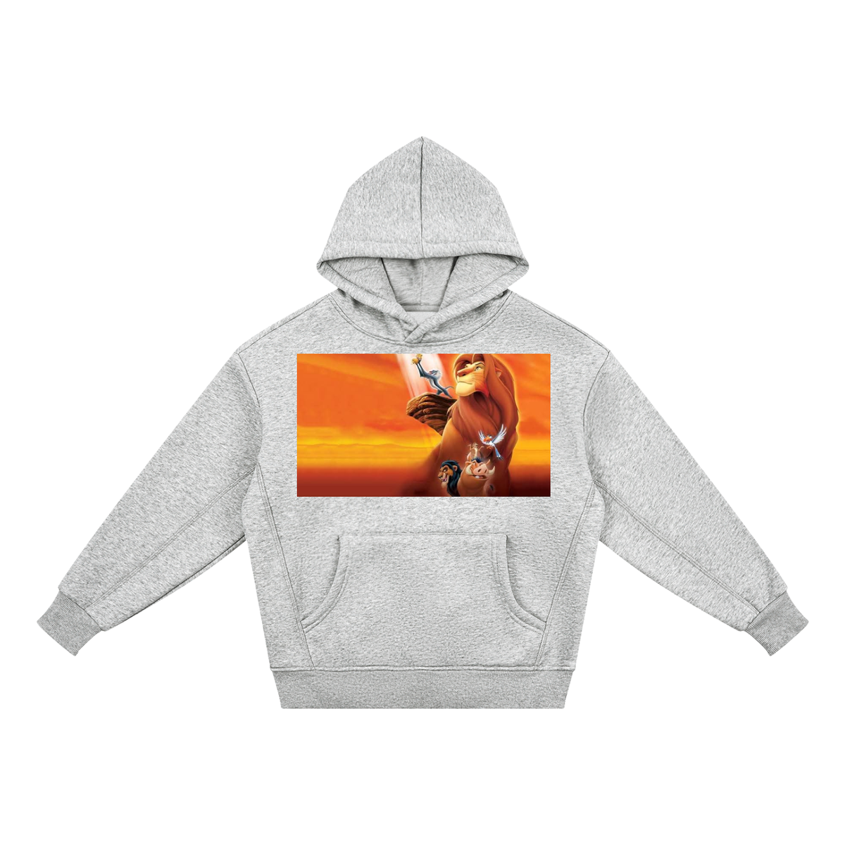Gray hoodie with a graphic of a lion and cub on a white background