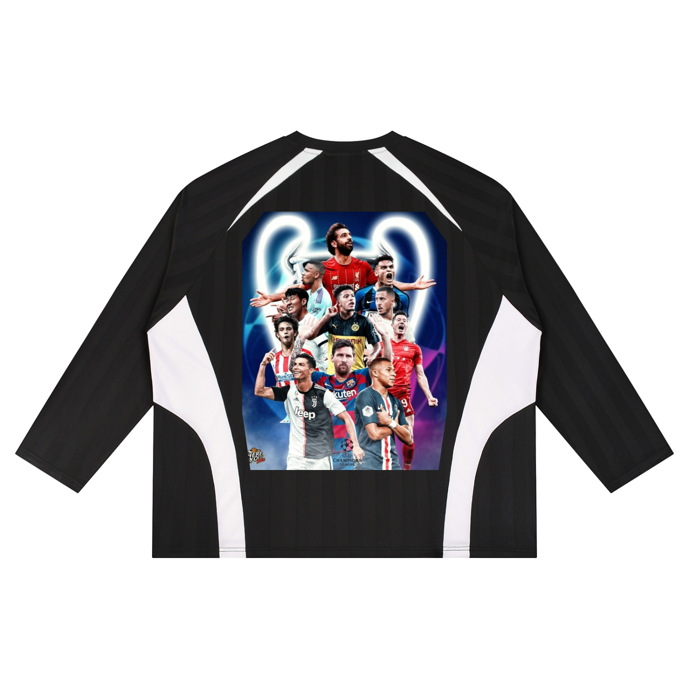 Black and white sports jersey with a colorful graphic of athletes on the back