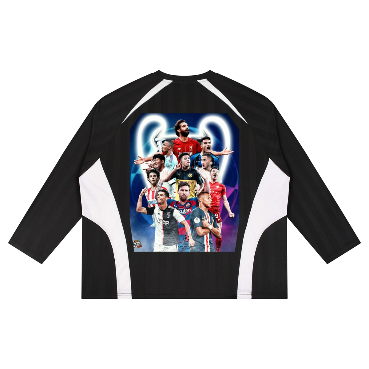 Black and white sports jersey with a colorful graphic of athletes on the back