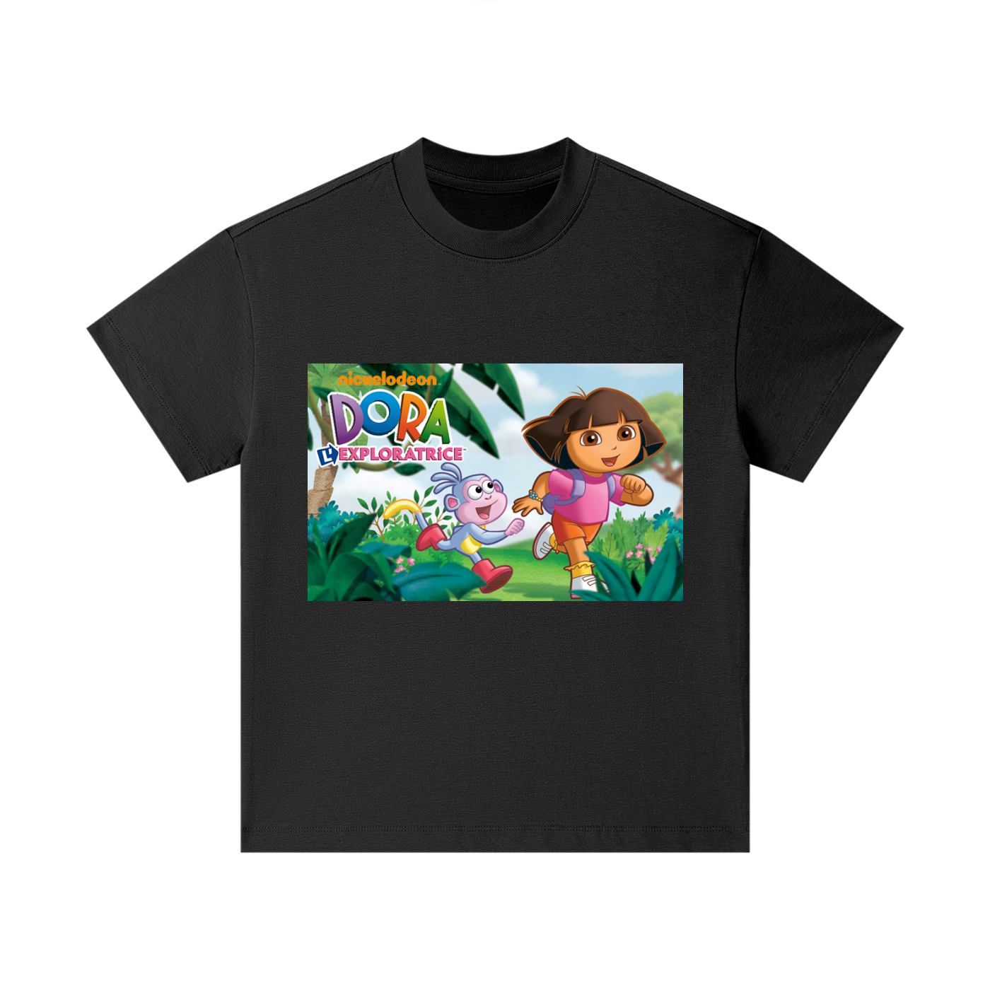 Black t-shirt with Dora the Explorer graphic on a white background
