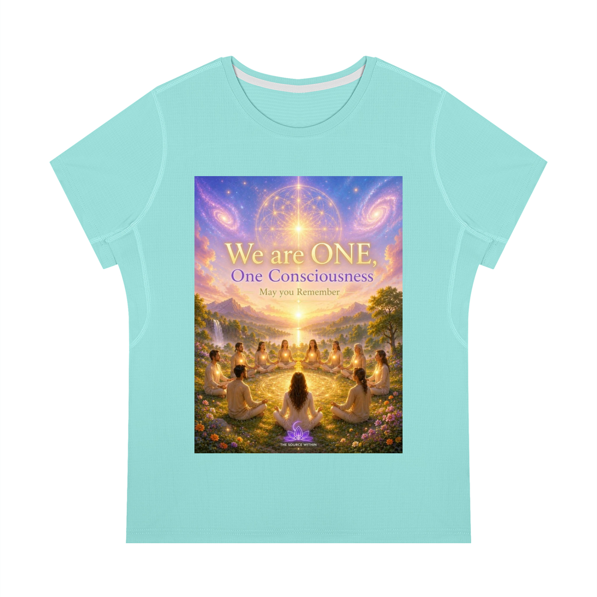 A light aqua short-sleeve t-shirt with a large rectangular graphic print on the front. The graphic features a colorful illustration of meditating figures in a circle under a glowing cosmic sky with the text 'We are ONE, One Consciousness May you Remember'.