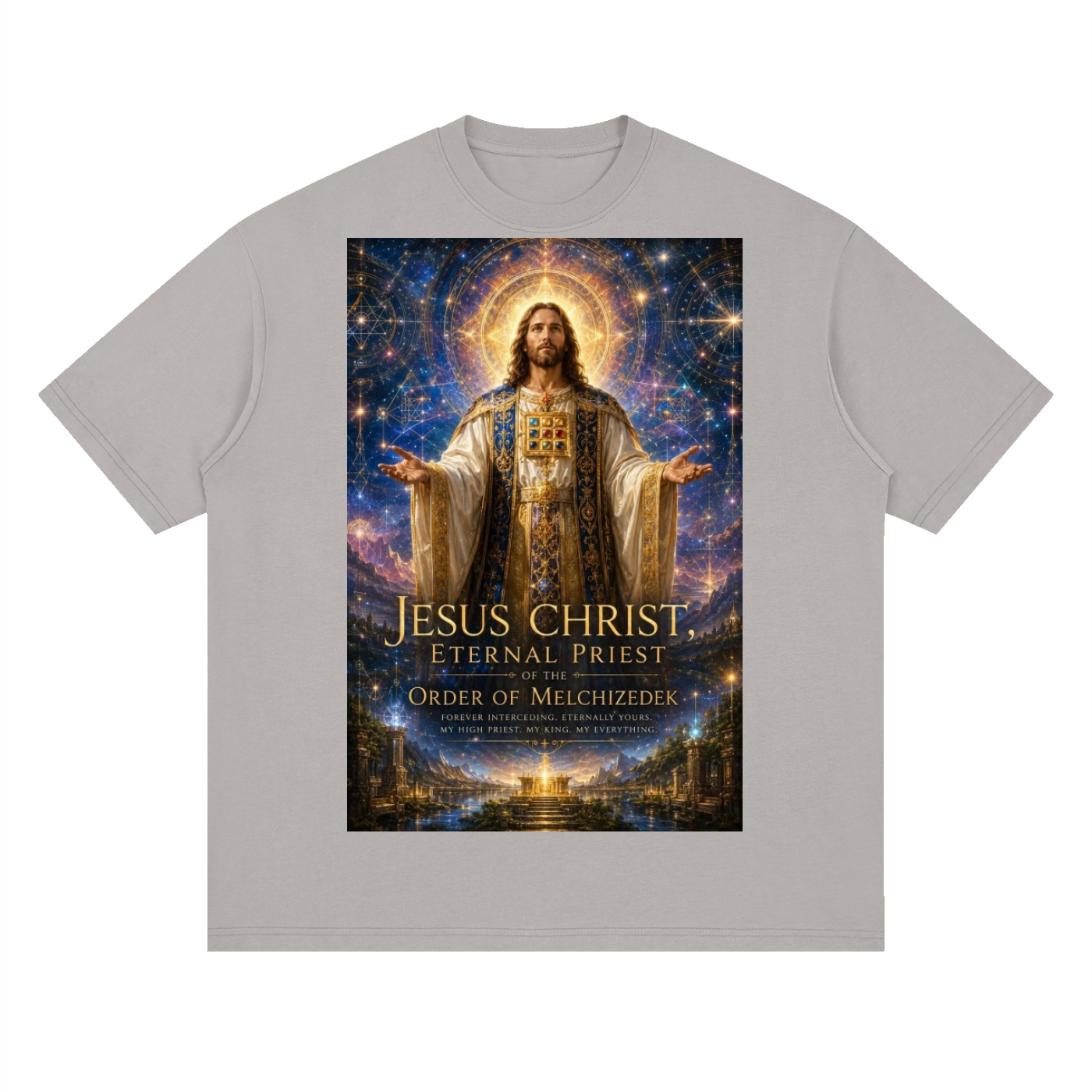 Gray t-shirt with a graphic of Jesus Christ and text on a white background