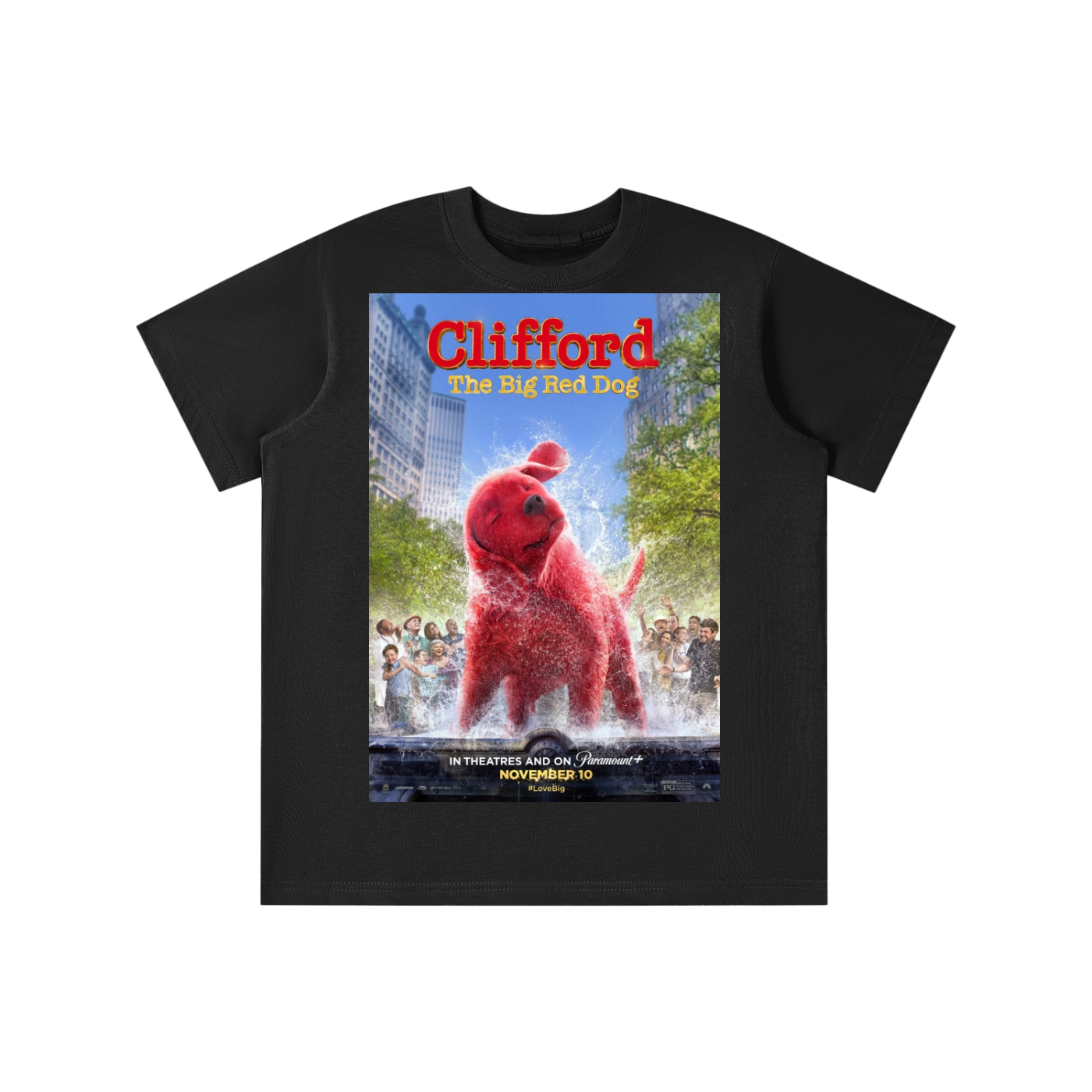 Black t-shirt with Clifford the Big Red Dog graphic on a white background
