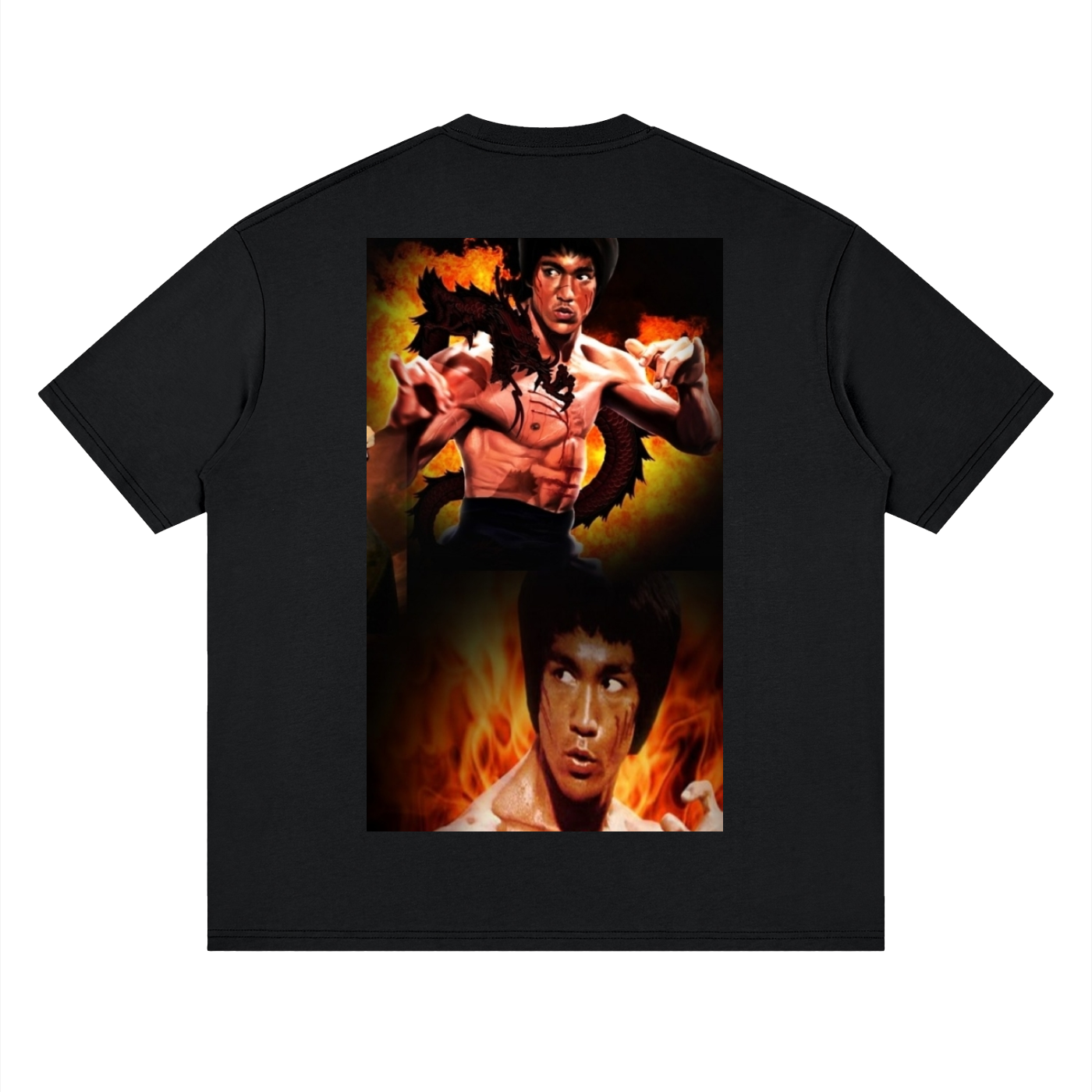 Black t-shirt with Bruce Lee graphic design on a white background