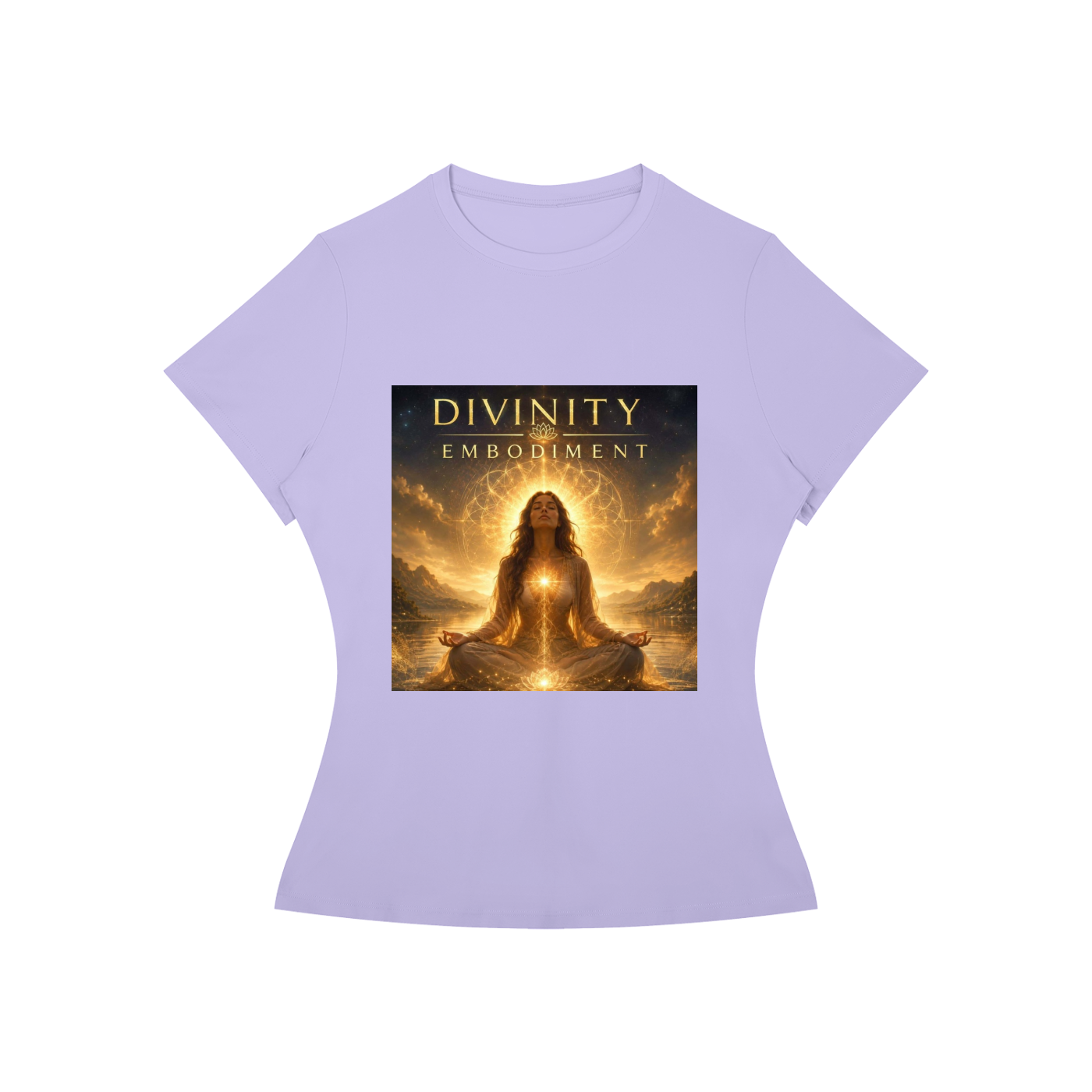 A light purple short-sleeve t-shirt with a rectangular graphic print on the front. The graphic features a glowing figure in a meditative pose with the text 'DIVINITY EMBODIMENT' above them, set against a dark background with golden light effects.
