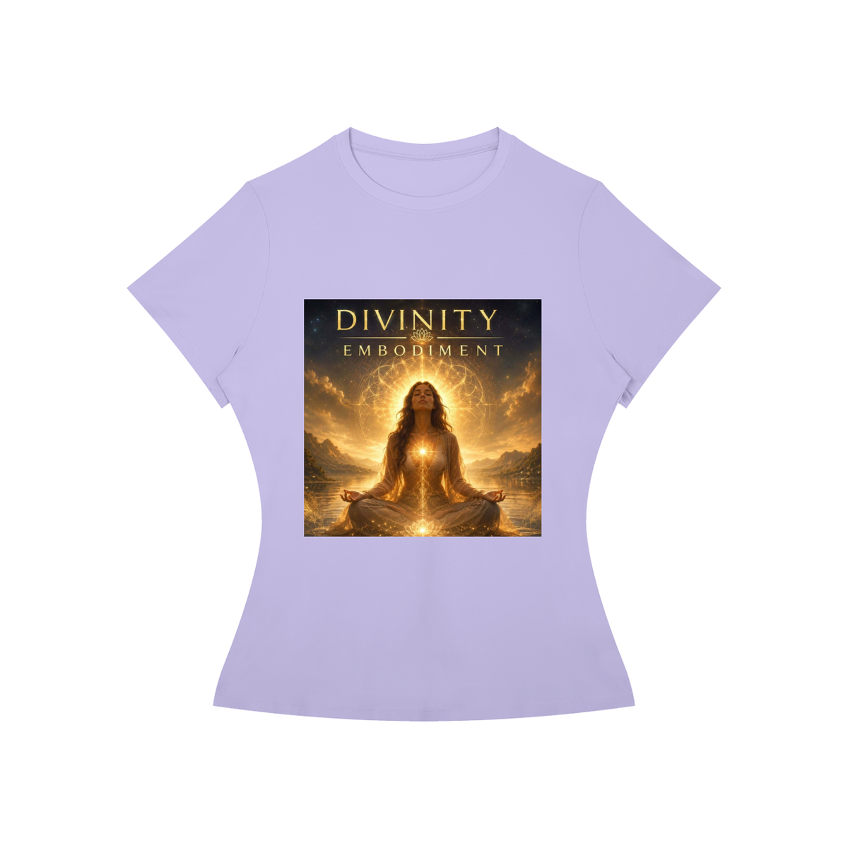 A light purple short-sleeve t-shirt with a rectangular graphic print on the front. The graphic features a glowing figure in a meditative pose with the text 'DIVINITY EMBODIMENT' above them, set against a dark background with golden light effects.