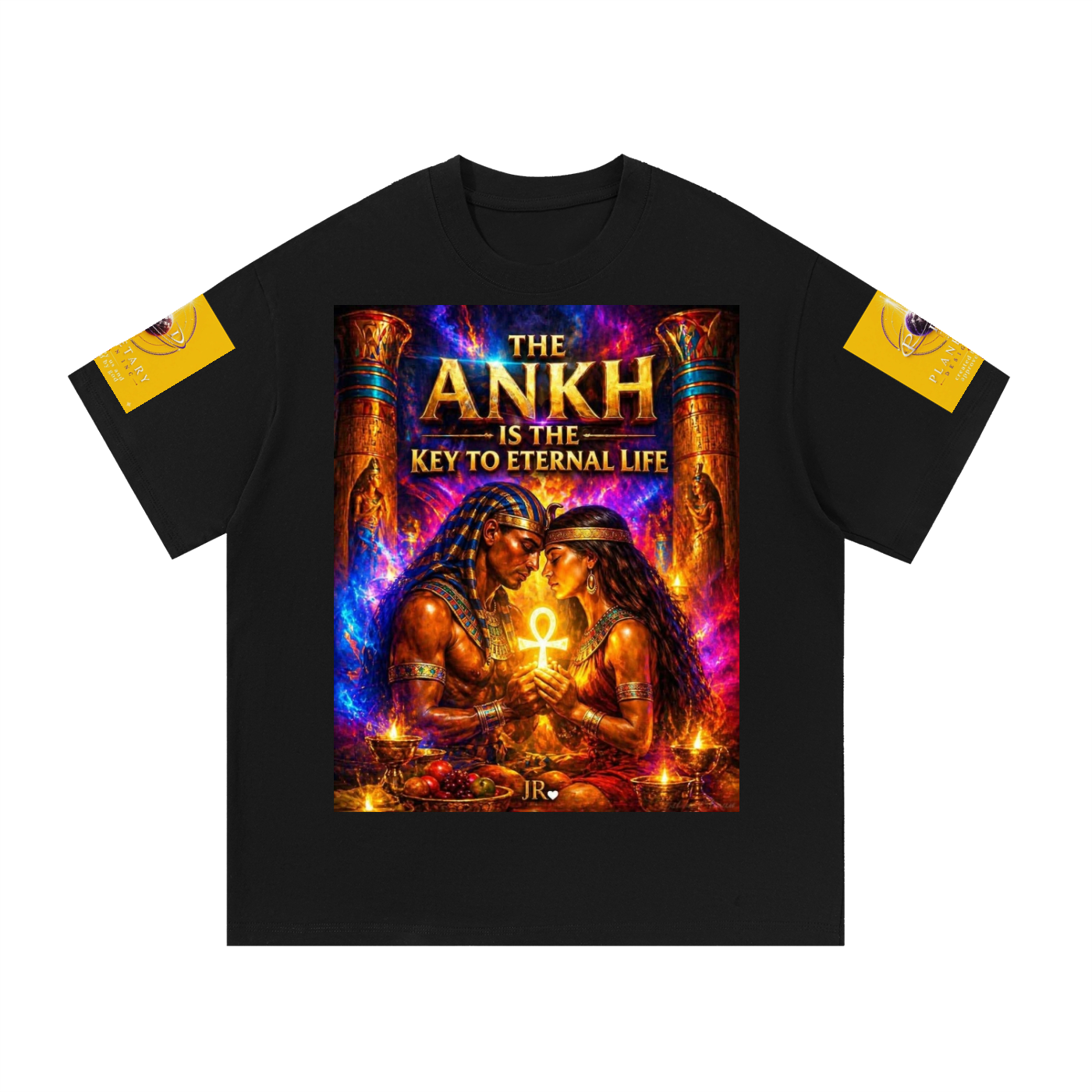 A black short-sleeve t-shirt featuring a large, vibrant graphic print on the front depicting two figures holding an ankh symbol, with the text 'THE ANKH IS THE KEY TO ETERNAL LIFE'. The sleeves have yellow panels on the upper left and right sleeves with circular eye illustrations.