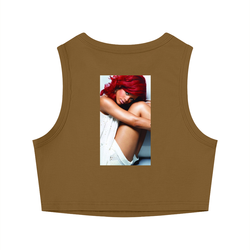 Brown tank top with a printed image of a woman on the back against a white background