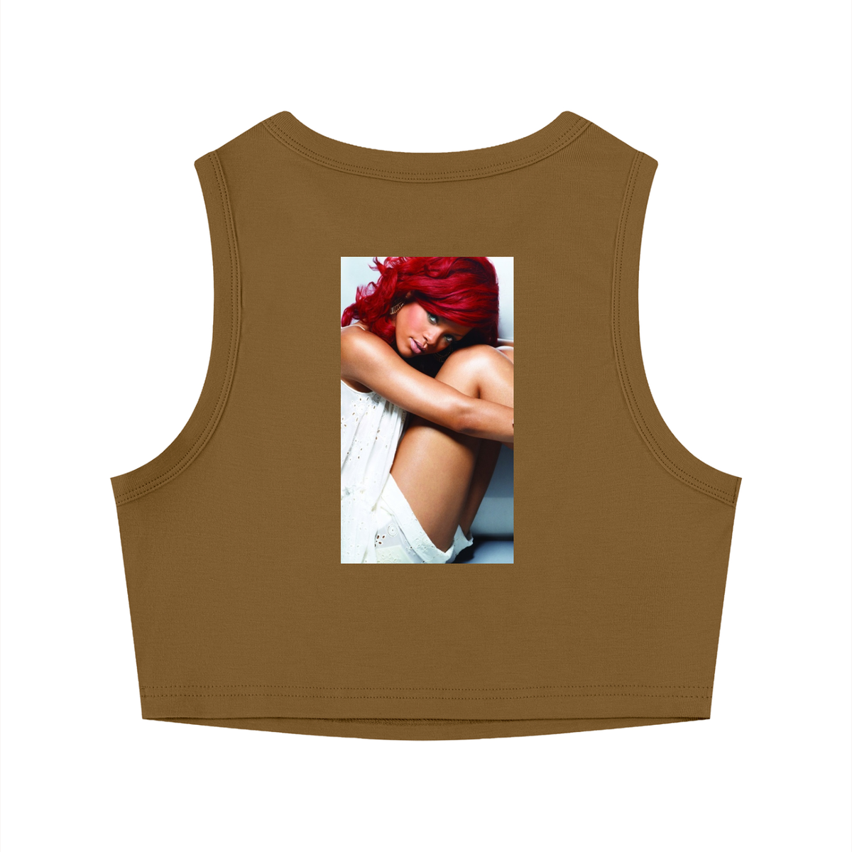 Brown tank top with a printed image of a woman on the back against a white background