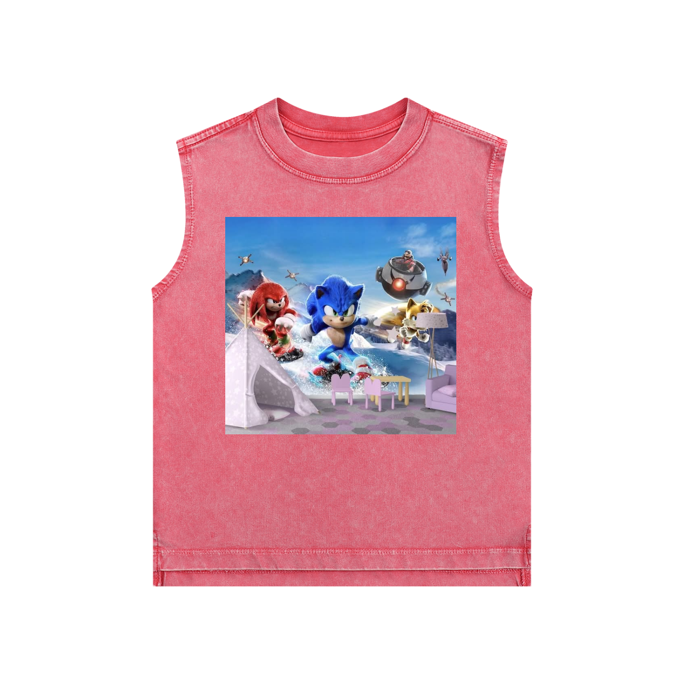 Pink sleeveless shirt with a graphic of Sonic the Hedgehog and friends on a white background