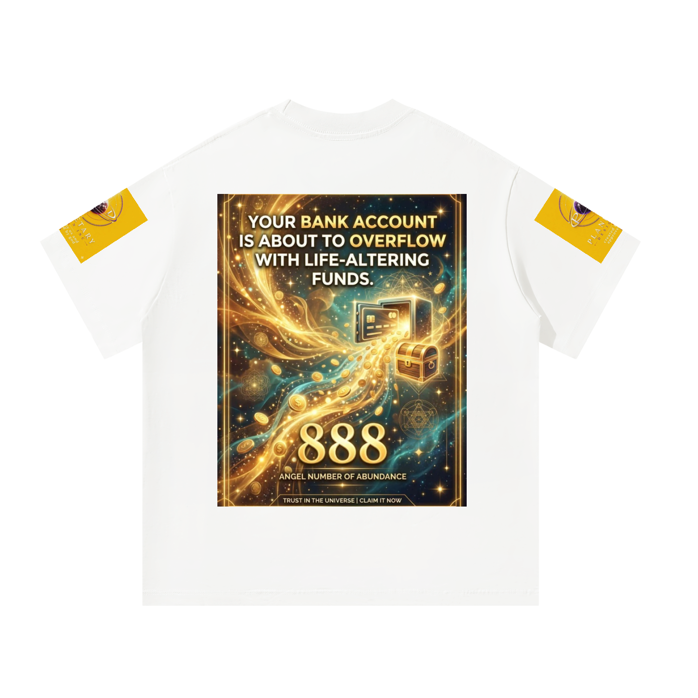 A white short-sleeve t-shirt with a large graphic print on the front and yellow circular patches on both sleeves, displayed against a solid white background.