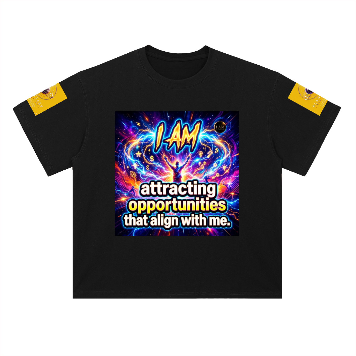 A black short-sleeve t-shirt with a colorful graphic print on the chest and yellow patches on both sleeves, displayed on a solid white background.