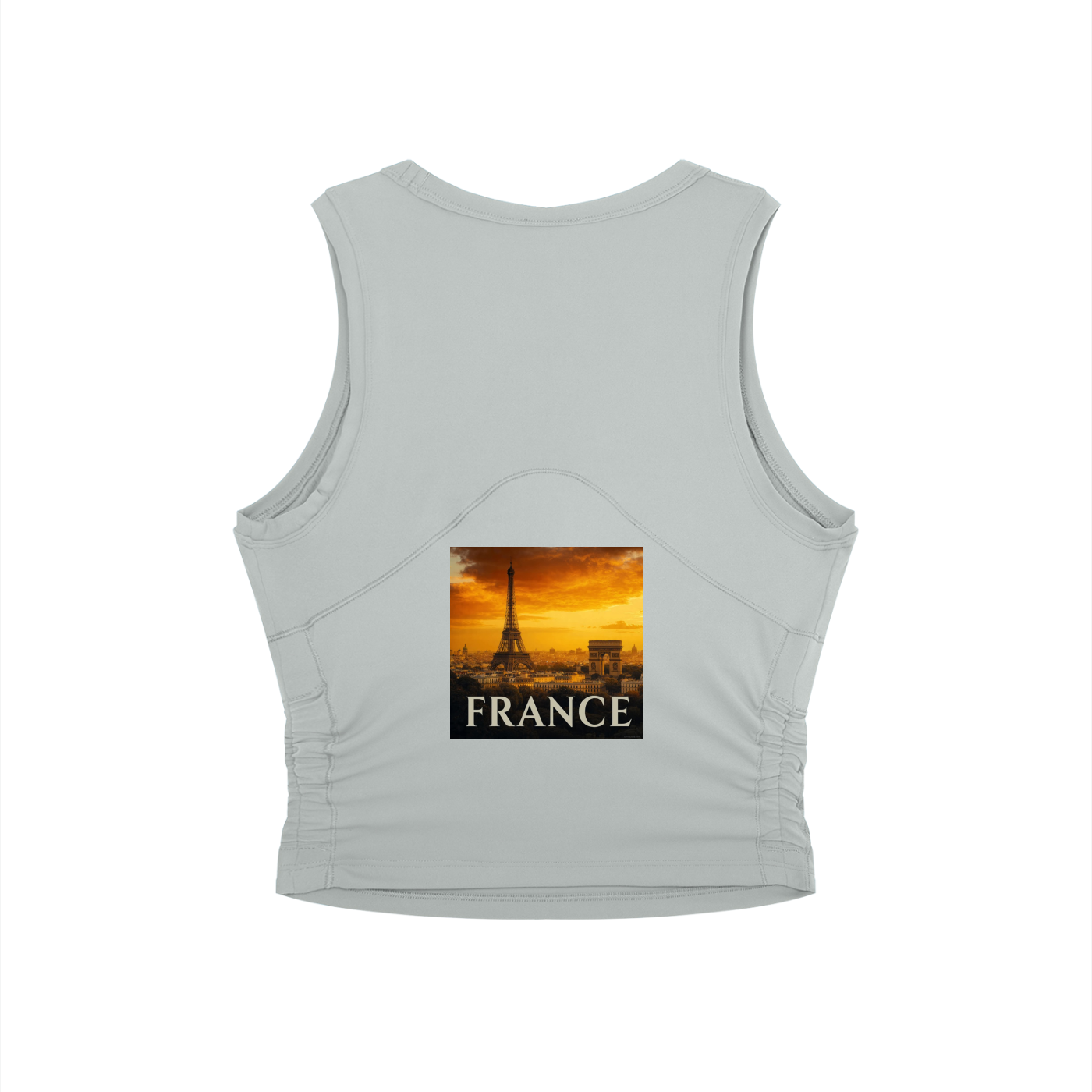 Light gray tank top with a small square graphic of the Eiffel Tower and 'France' text on a white background